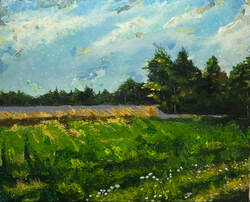 Mixed media, mixed media landscape, landscape, rural landscape, country scenes, summer, wind blown, painting