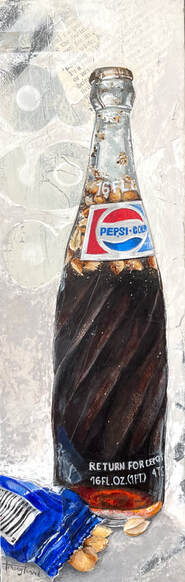 Tracey Penrod Art, mixed media painting, mixed media, mixed media art, Pepsi, Pepsi and peanuts, one of a kind, paper painting, collage painting,
