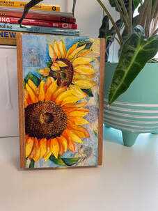 sunflowers, mixed media painting, repurposed cigar box