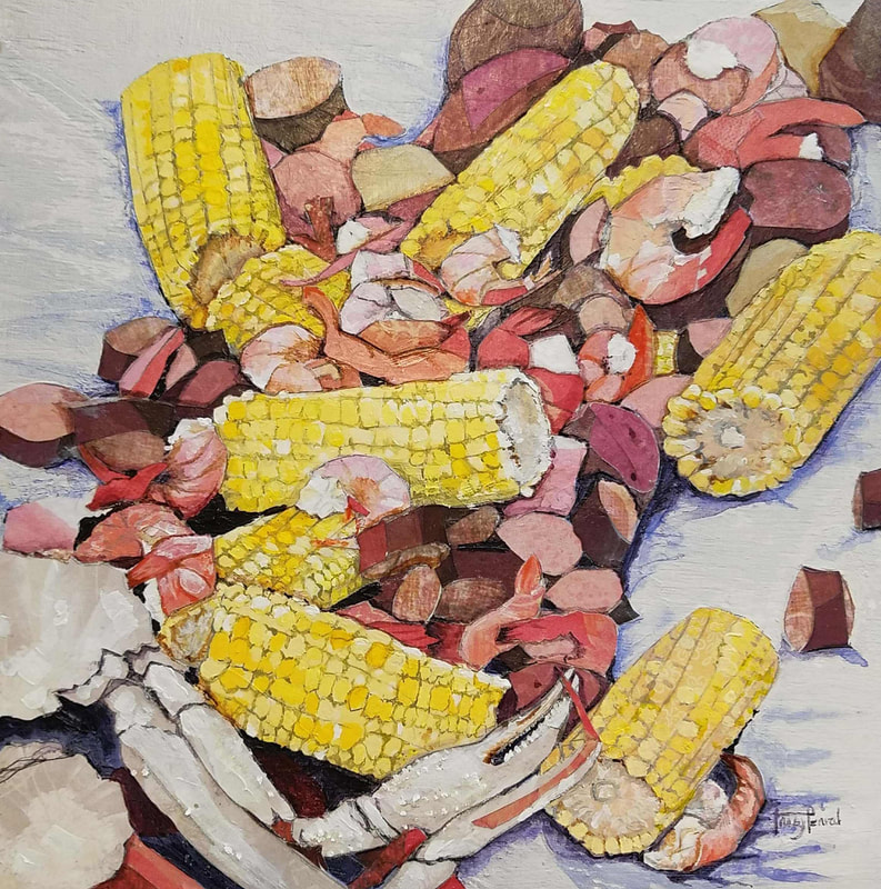 Mixed media, mixed media art, collage painting, food centric art, low country boil