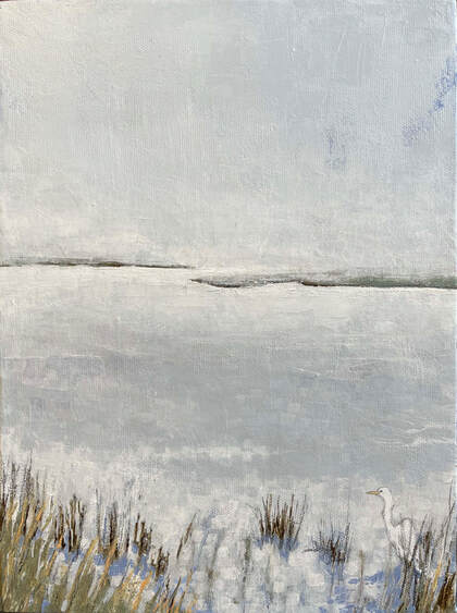 North carolina art, acrylic painting, contemporary painting, marsh painting, egret painting, foggy marsh, coastal painting, coastal art